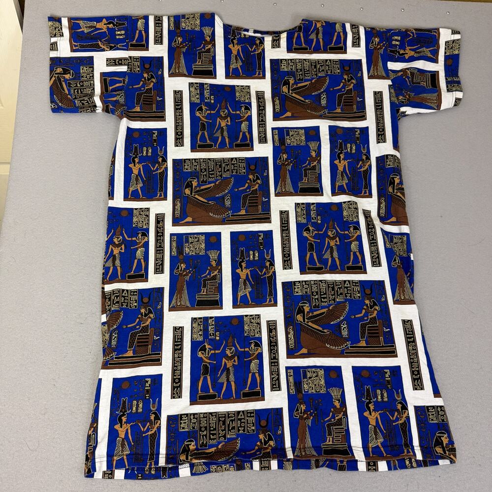 Vintage Egyptian Hieroglyphic Print Tunic Top Blue White Short Sleeve Shirt